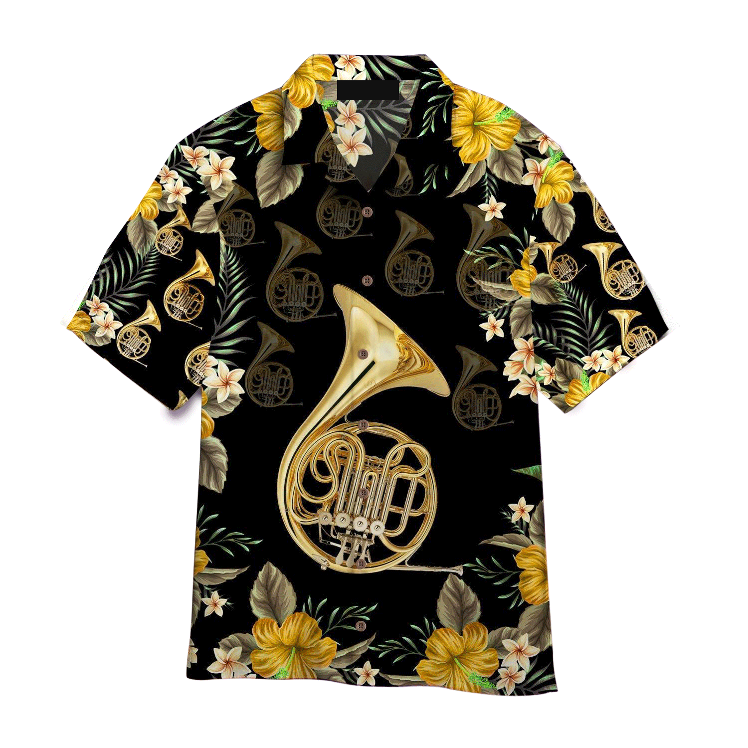 French Horn Black Music Instrument Aloha Hawaiian Shirts For Men, Women