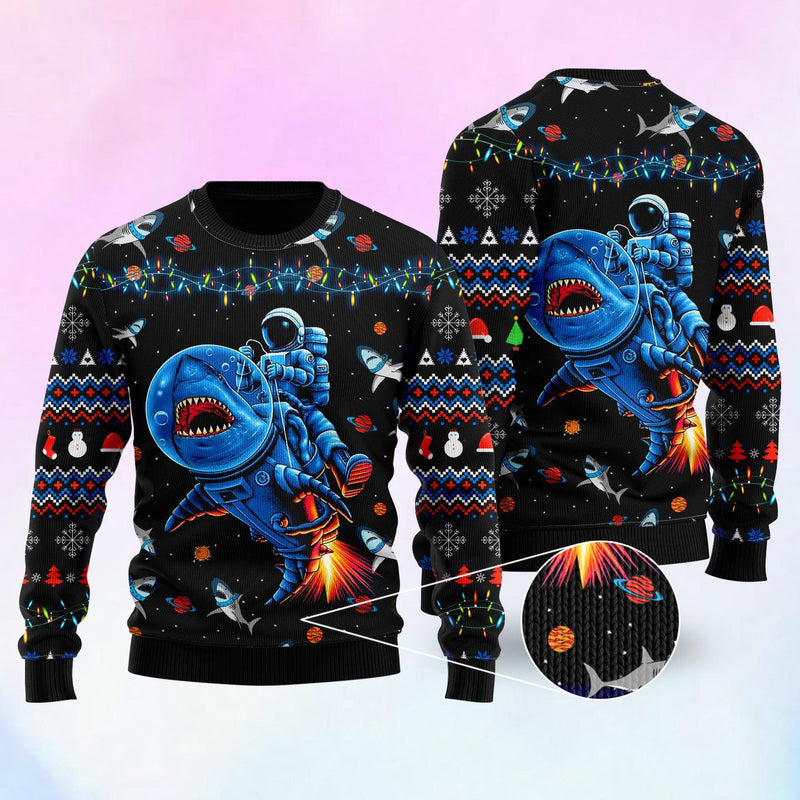 Funny Astronauts Ride A Shark In Space Ugly Sweater For Men & Women