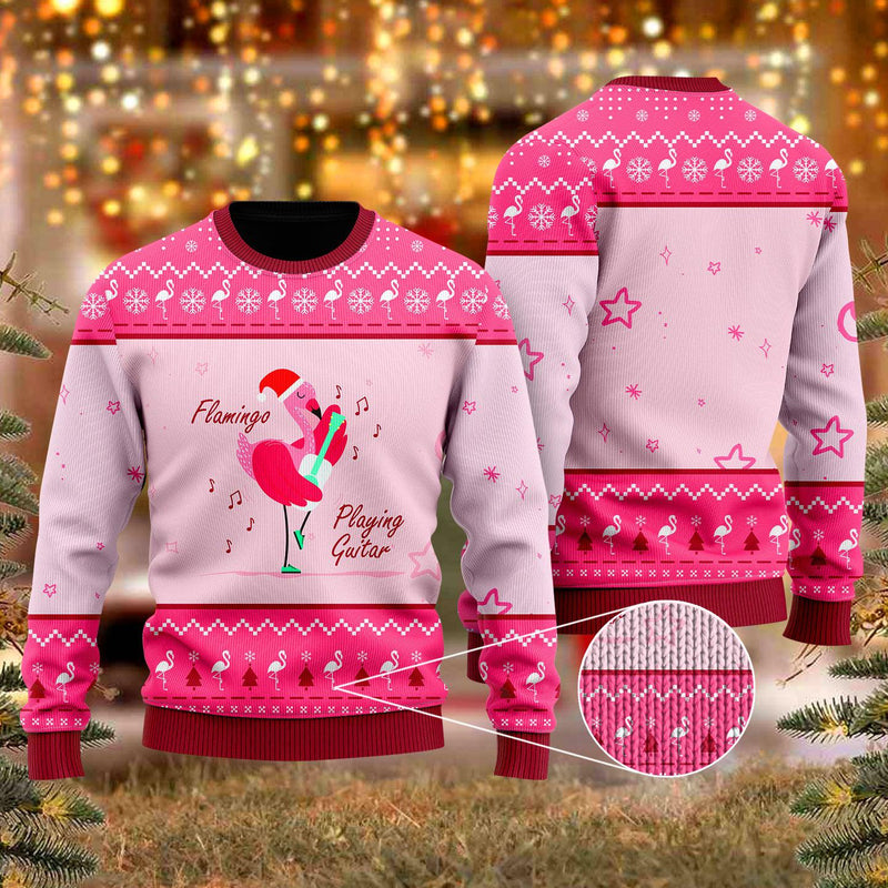 Funny Flamingo Playing Guitar Christmas Ugly Sweater