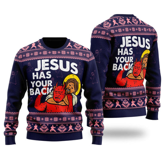 Funny Jesus Has Your Back Ugly Christmas Sweater For Men and Women UH1410