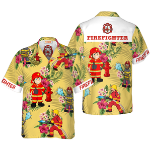 Graphic Proud Cream Tropical Floral Firefighter Hawaiian Shirt