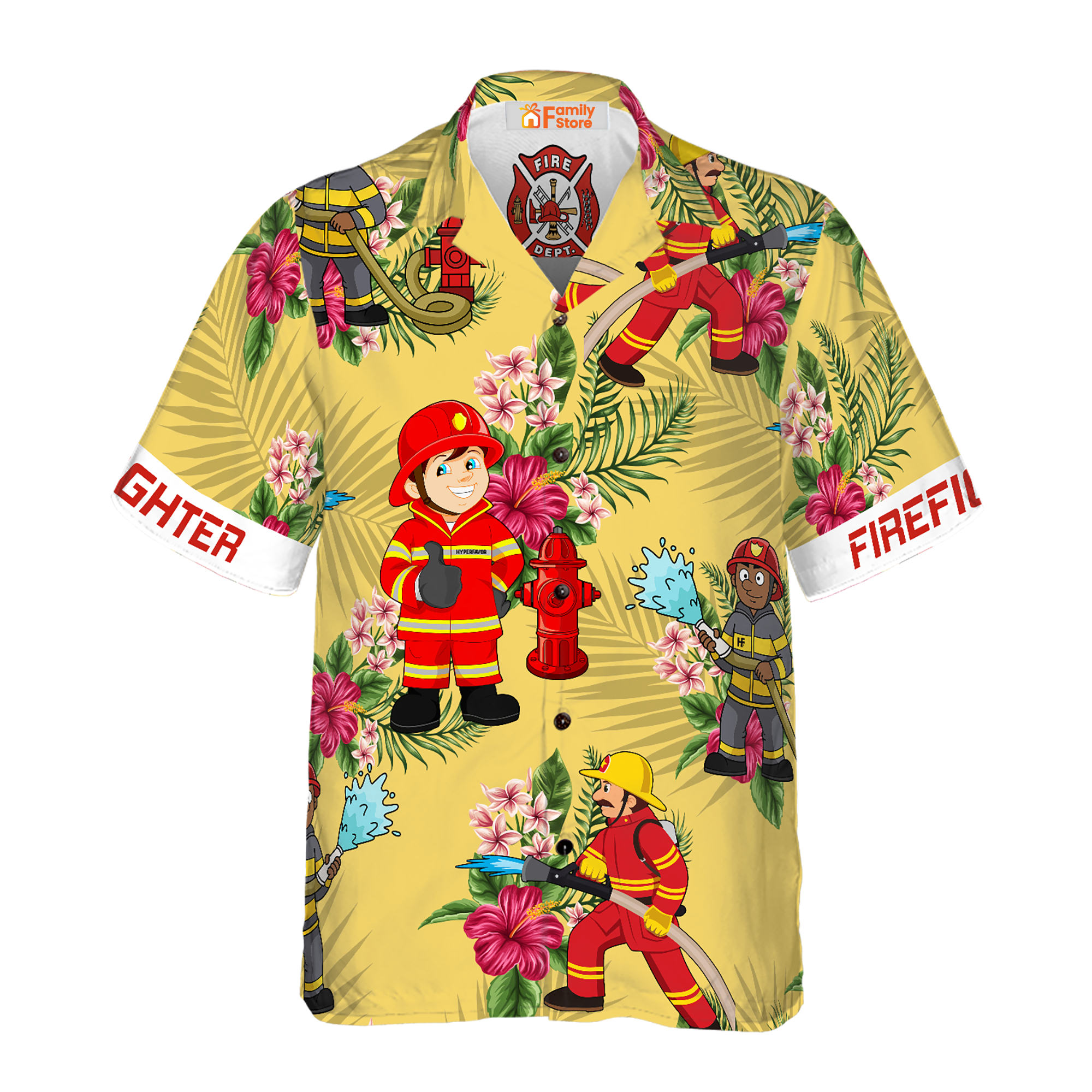 Graphic Proud Cream Tropical Floral Firefighter Hawaiian Shirt