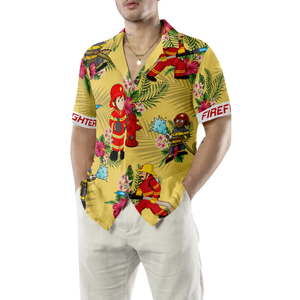 Graphic Proud Cream Tropical Floral Firefighter Hawaiian Shirt