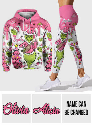 Green Monters Pink Snowflakes Christmas - Personalized Hoodie and Leggings - PT