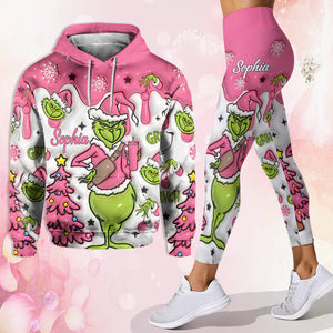 Green Monters Pink Snowflakes Christmas - Personalized Hoodie and Leggings - PT