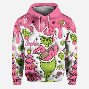 Green Monters Pink Snowflakes Christmas - Personalized Hoodie and Leggings - PT