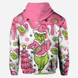 Green Monters Pink Snowflakes Christmas - Personalized Hoodie and Leggings - PT