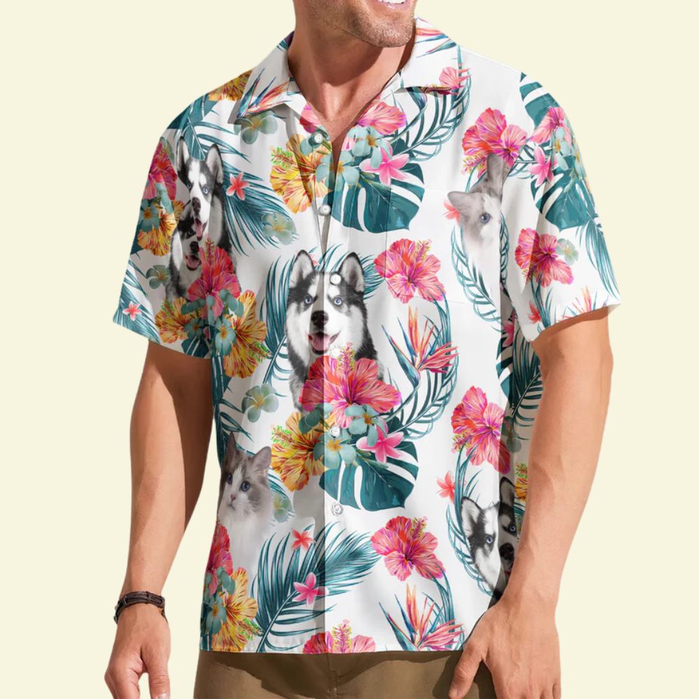 Custom Photo Face Funny Husky Floral - Personalized Hawaiian Shirt