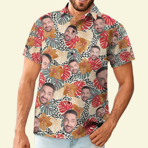 Custom Photo Face Floral And Leaf Leopard Pattern - Personalized Hawaiian Shirt