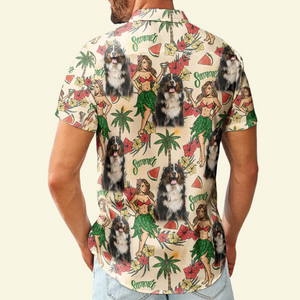 Custom Photo With Hula Girl Tropical Pattern - Personalized Hawaiian Shirt