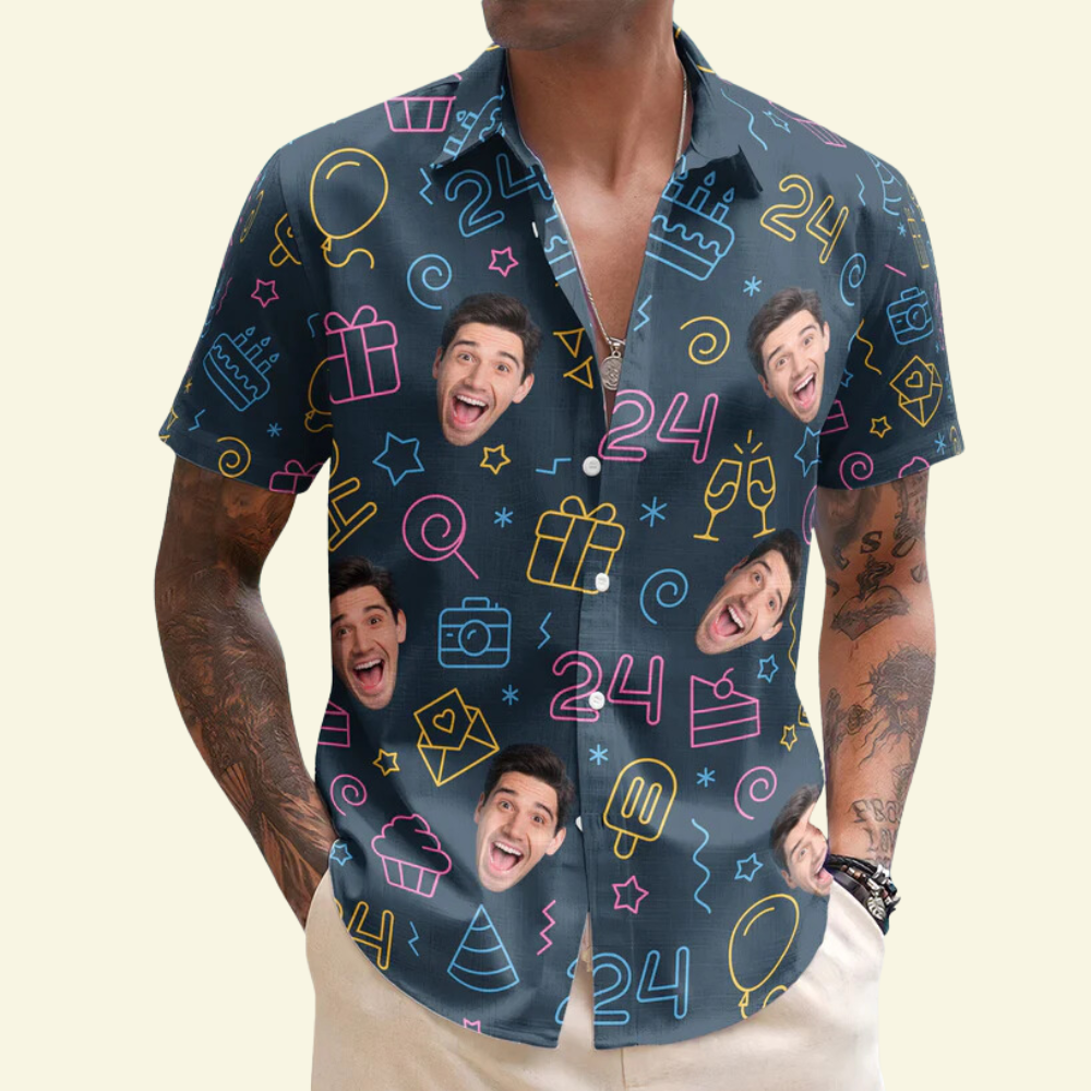 Custom Photo Birthday Neon Party Face Funny - Personalized Hawaiian Shirt