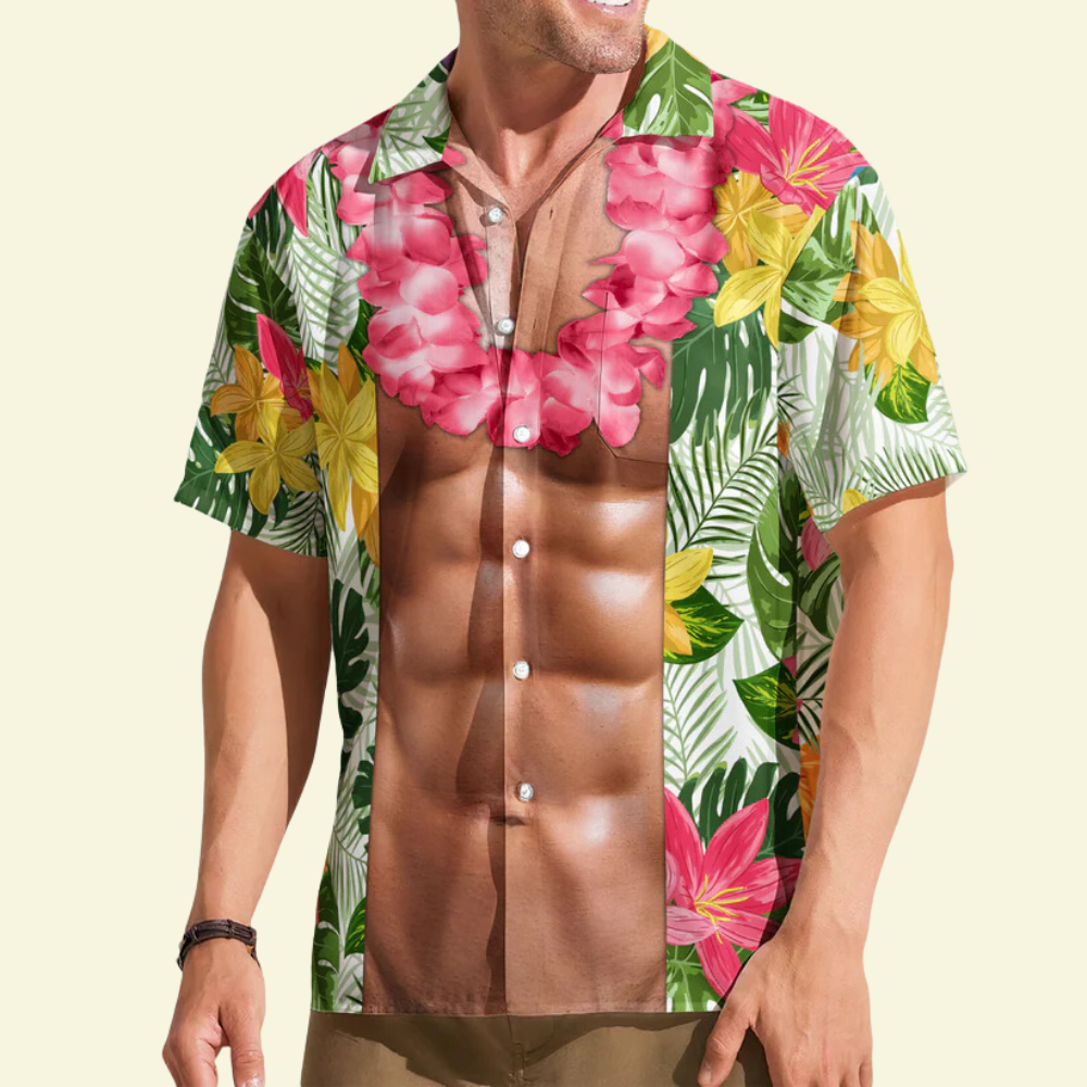 Change Funny Abs With Tropical Flowers Cosplay Costume - Personalized Hawaiian Shirt