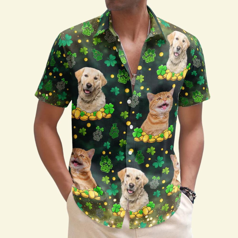 Custom Photo Funny Pet St.Patrick's Day Shamrock Paws - Personalized Hawaiian Shirt