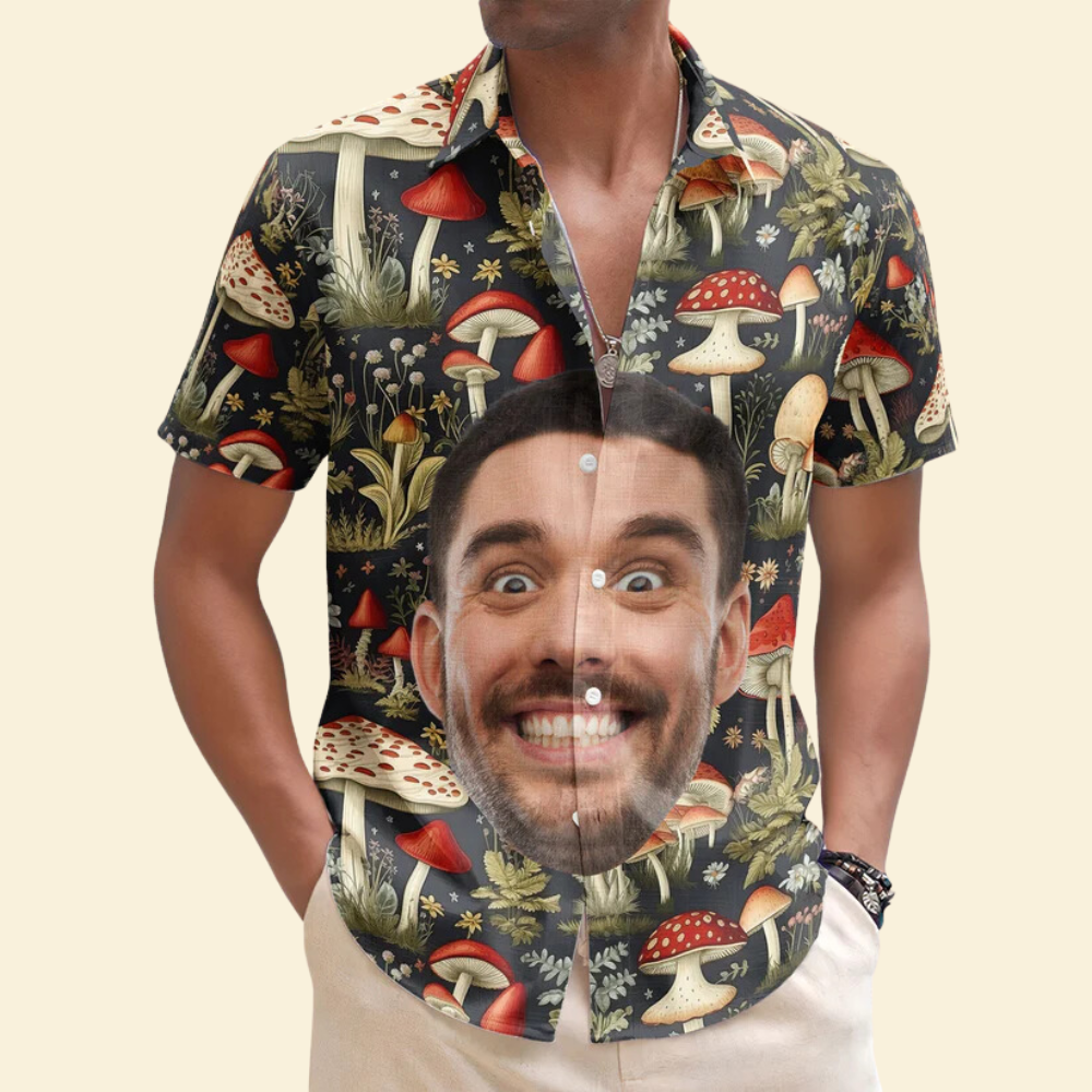 Custom Face Photo Funny With Magic Mushrooms Pattern - Personalized Hawaiian Shirt