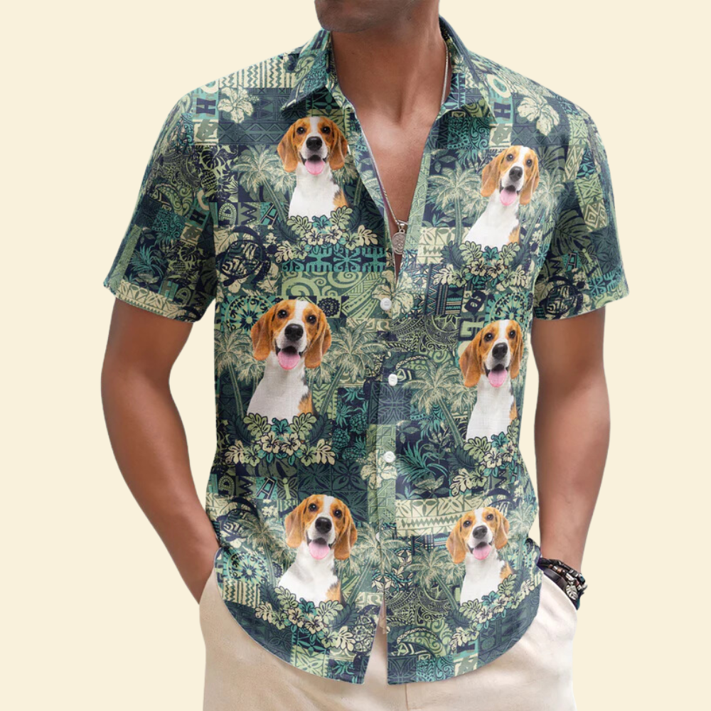 Custom Photo Pet Funny With Hibiscus And Palm Tree Pattern - Personalized Hawaiian Shirt
