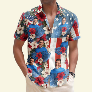 Custom Photo American Flag Tropical Independence Day Vintage - Personalized Hawaiian Shirt