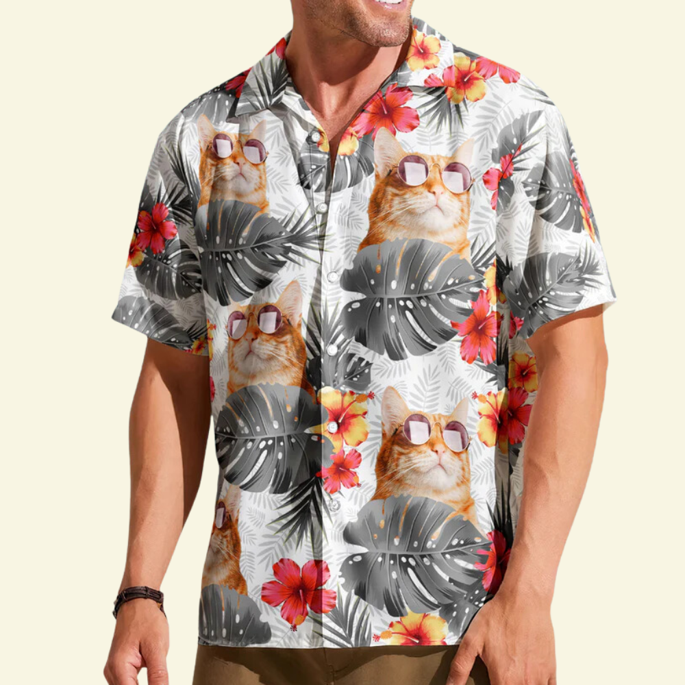 Custom Photo Face Funny Cat With Leaf Tropical - Gift For Cat Lovers - Personalized Hawaiian Shirt