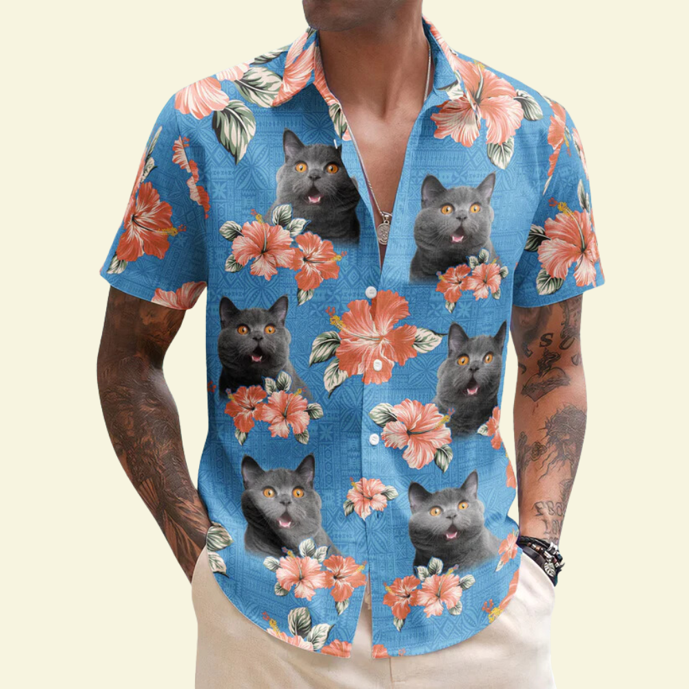 Custom Photo Face Funny Cat Tropical Hibiscus - Personalized Hawaiian Shirt