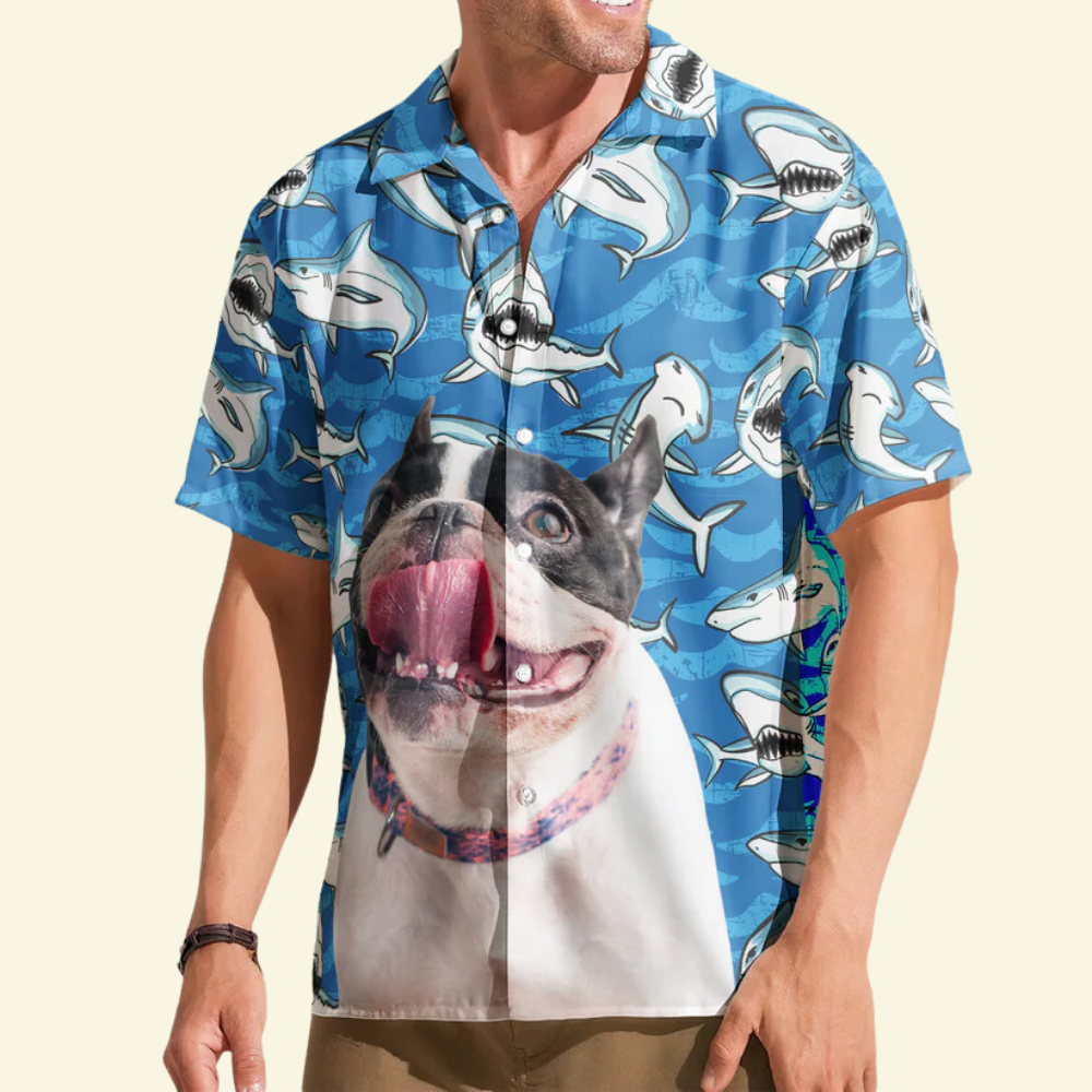 Custom Photo Big Funny Dog With Sharks Pattern - Gift For Pet Lovers - Personalized Hawaiian Shirt