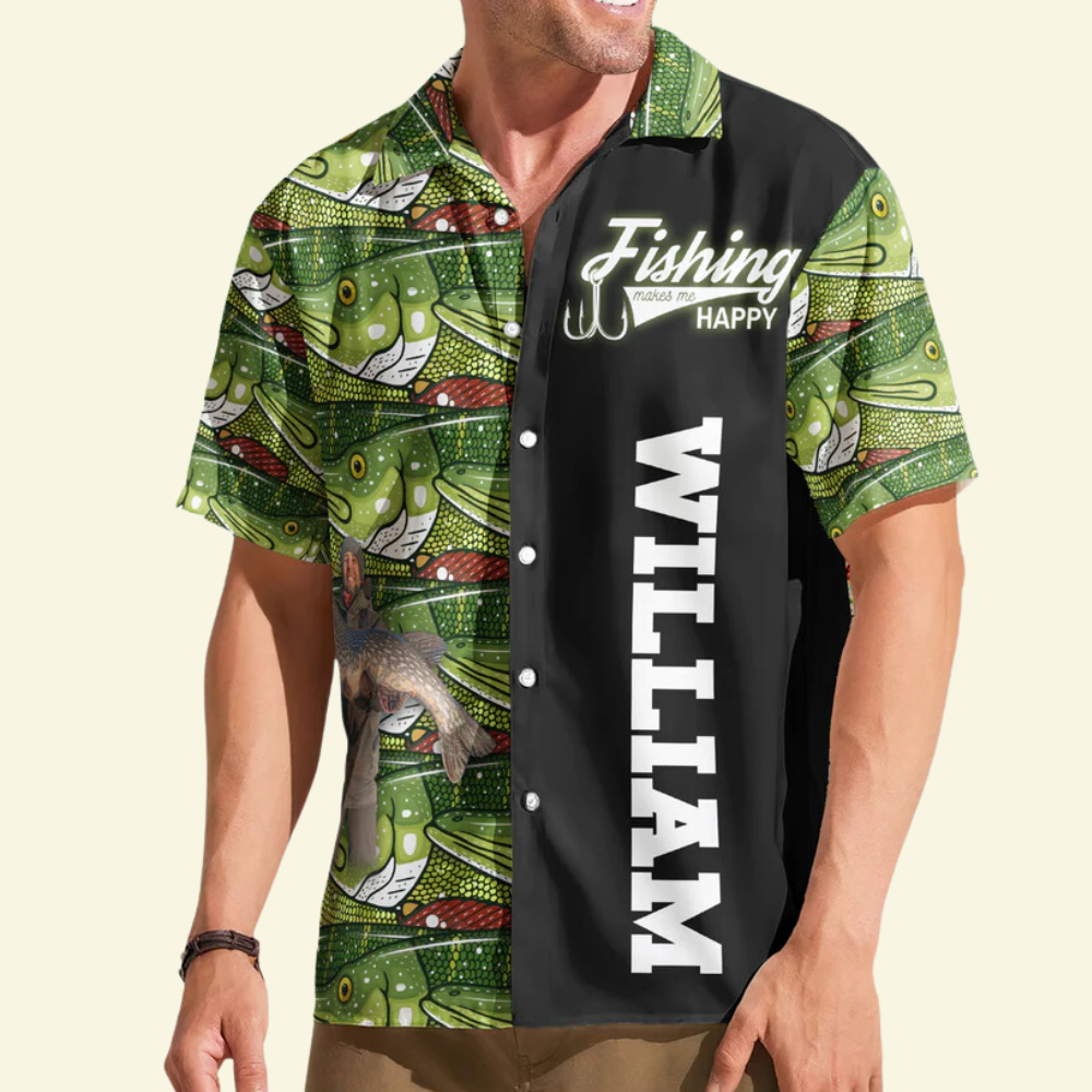 Custom Photo Bass Fishing Makes Me Happy - Gift For Fishing Lovers - Personalized Hawaiian Shirt
