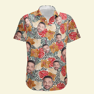 Custom Photo Face Floral And Leaf Leopard Pattern - Personalized Hawaiian Shirt