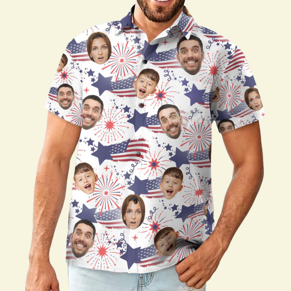 Custom Photo Family Cute Face Independence Day US Flag - Personalized Hawaiian Shirt