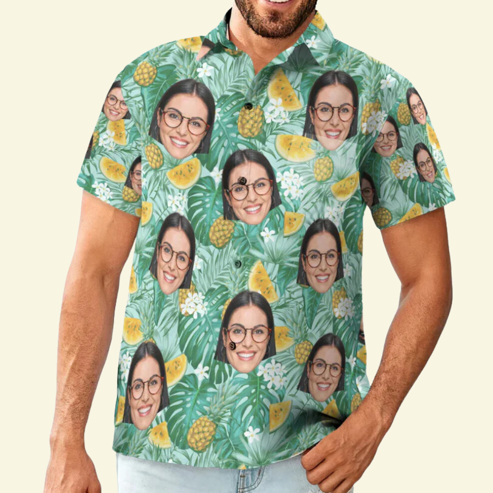 Custom Photo Face With Pineapple Green Tropical - Personalized Hawaiian Shirt