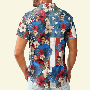 Custom Photo American Flag Tropical Independence Day Vintage - Personalized Hawaiian Shirt