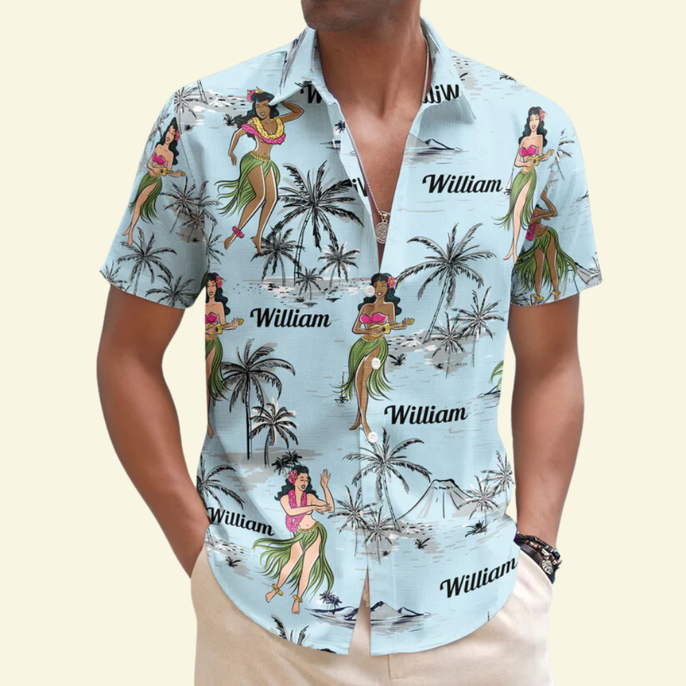 Custom Name Hula Dance Vintage Style Beach Pattern - Personalized Hawaiian Shirt