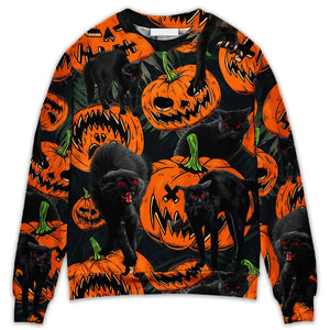 Halloween Black Cat Pumpkin Scary Tropical - Sweater