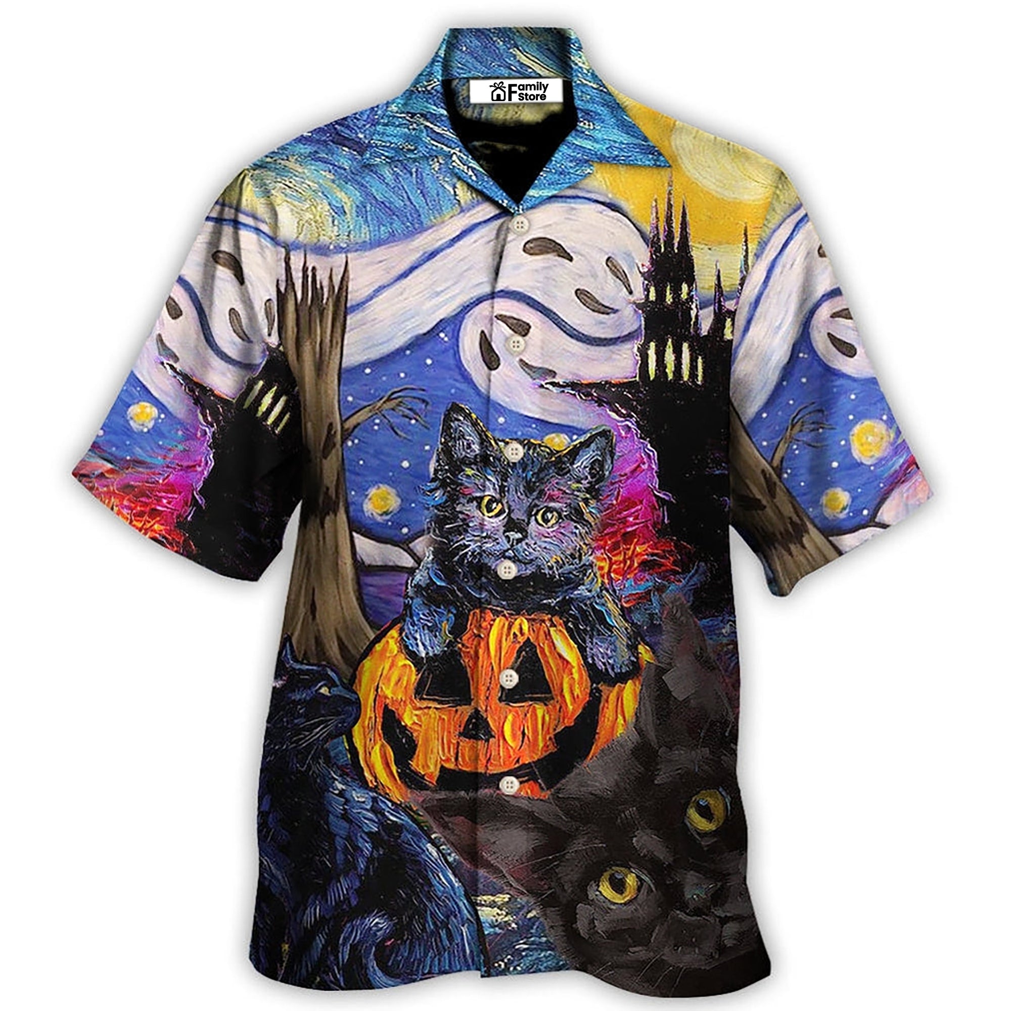 Halloween Black Cat Starry Night Funny Cat Painting Art Style - Hawaiian Shirt