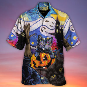 Halloween Black Cat Starry Night Funny Cat Painting Art Style - Hawaiian Shirt