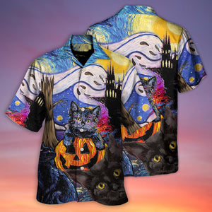 Halloween Black Cat Starry Night Funny Cat Painting Art Style - Hawaiian Shirt