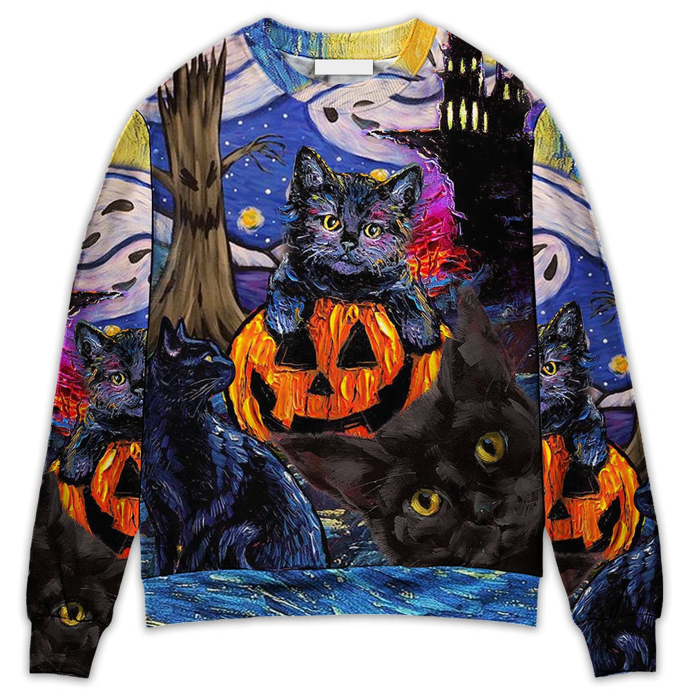 Halloween Black Cat Starry Night Funny Cat Painting Art Style - Sweater