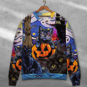 Halloween Black Cat Starry Night Funny Cat Painting Art Style - Sweater