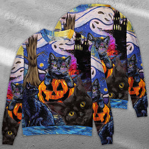 Halloween Black Cat Starry Night Funny Cat Painting Art Style - Sweater