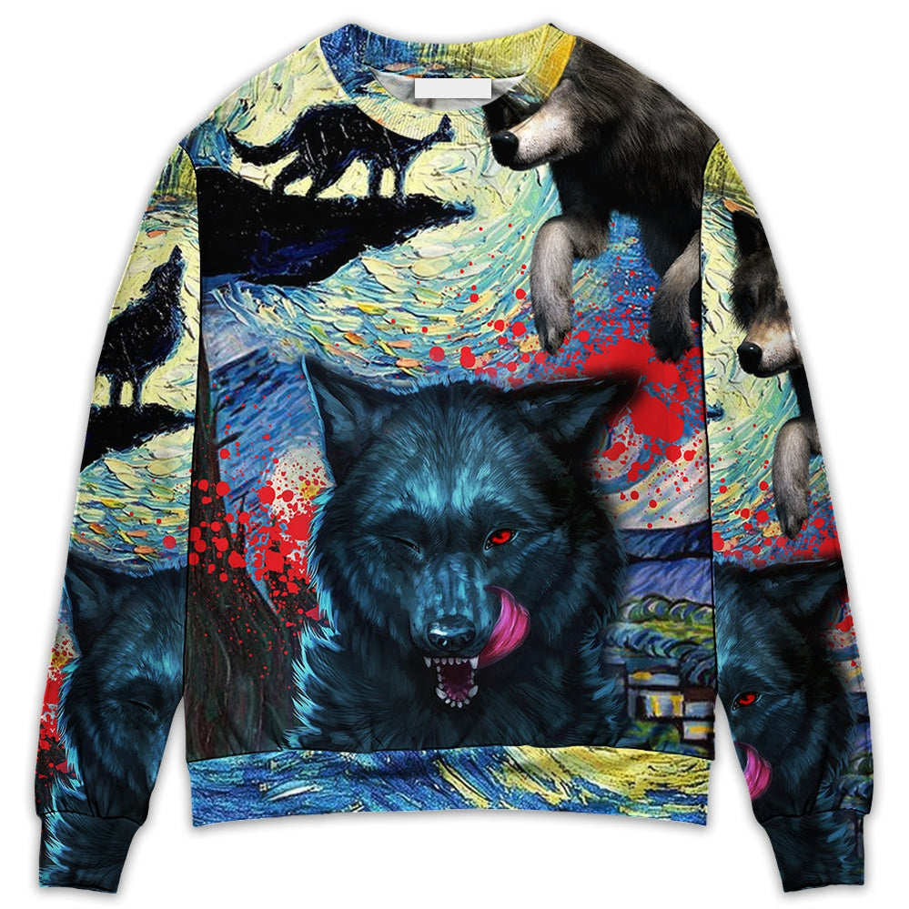 Halloween Black Wolf Crazy Starry Night Blood Art Style - Sweater