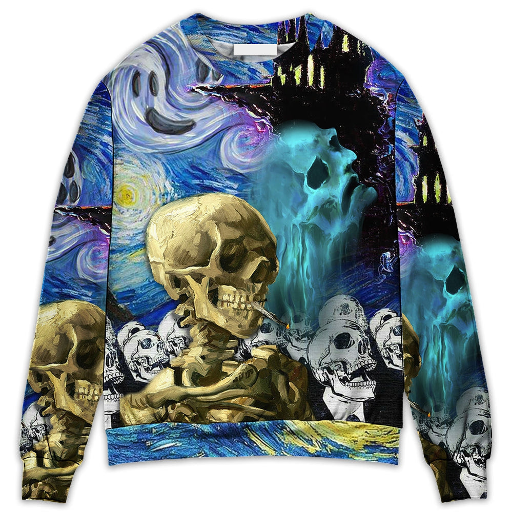 Halloween Skull Smoke Scream Starry Night Funny Boo Art Style - Sweater