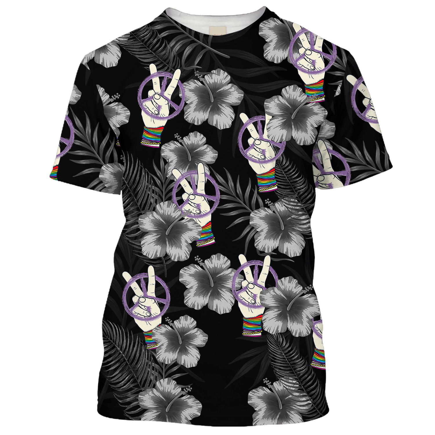 Hippie 2 Fingers, Flowers And Peace Black T-Shirt For Men, Women