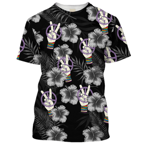 Hippie 2 Fingers, Flowers And Peace Black T-Shirt For Men, Women