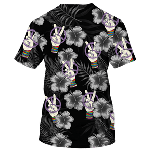 Hippie 2 Fingers, Flowers And Peace Black T-Shirt For Men, Women