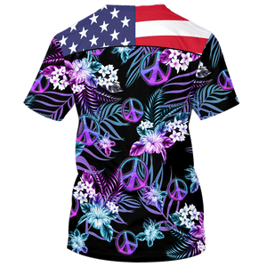 Hippie America Flag, Flower And Peace Sign Dark Color - T-Shirt