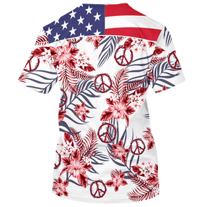 Hippie America Flag, Flower And Peace Sign Peach Color - T-Shirt