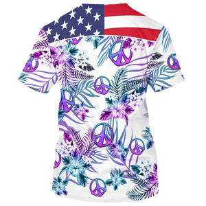 Hippie America Flag, Flower And Peace Sign Purple Color - T-Shirt