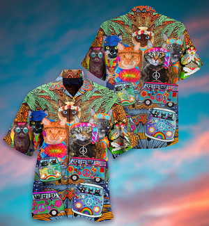 Hippie Cats Peace Love Life Color - Hawaiian Shirt