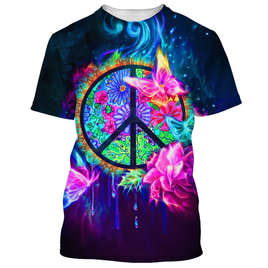 Hippie Fire Butterfly And Peace Sign - T-Shirt