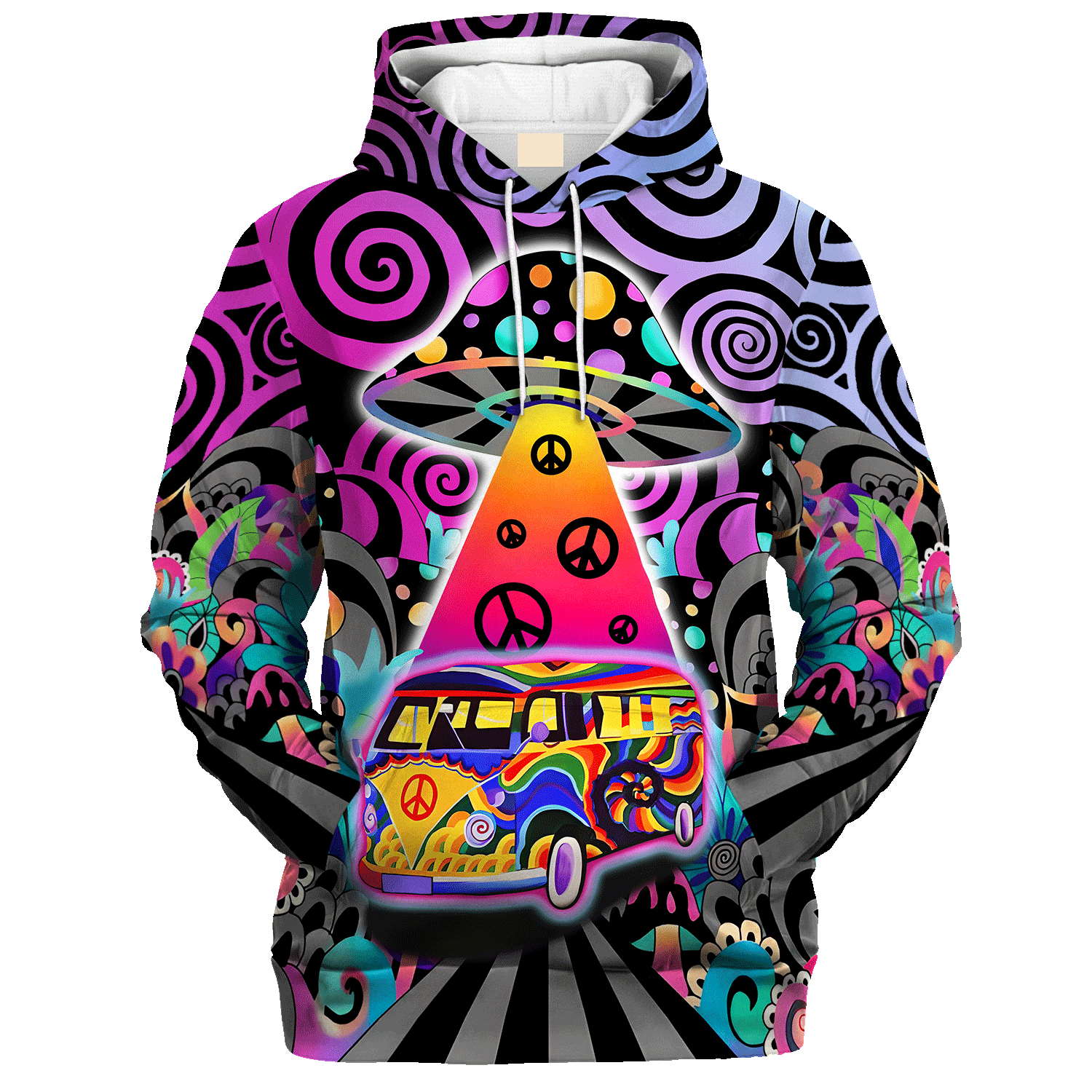 Hippie The Mushroom And The Bus On The Road - Hoodie For Men, Women