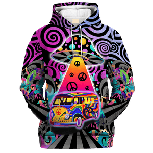 Hippie The Mushroom And The Bus On The Road - Hoodie For Men, Women