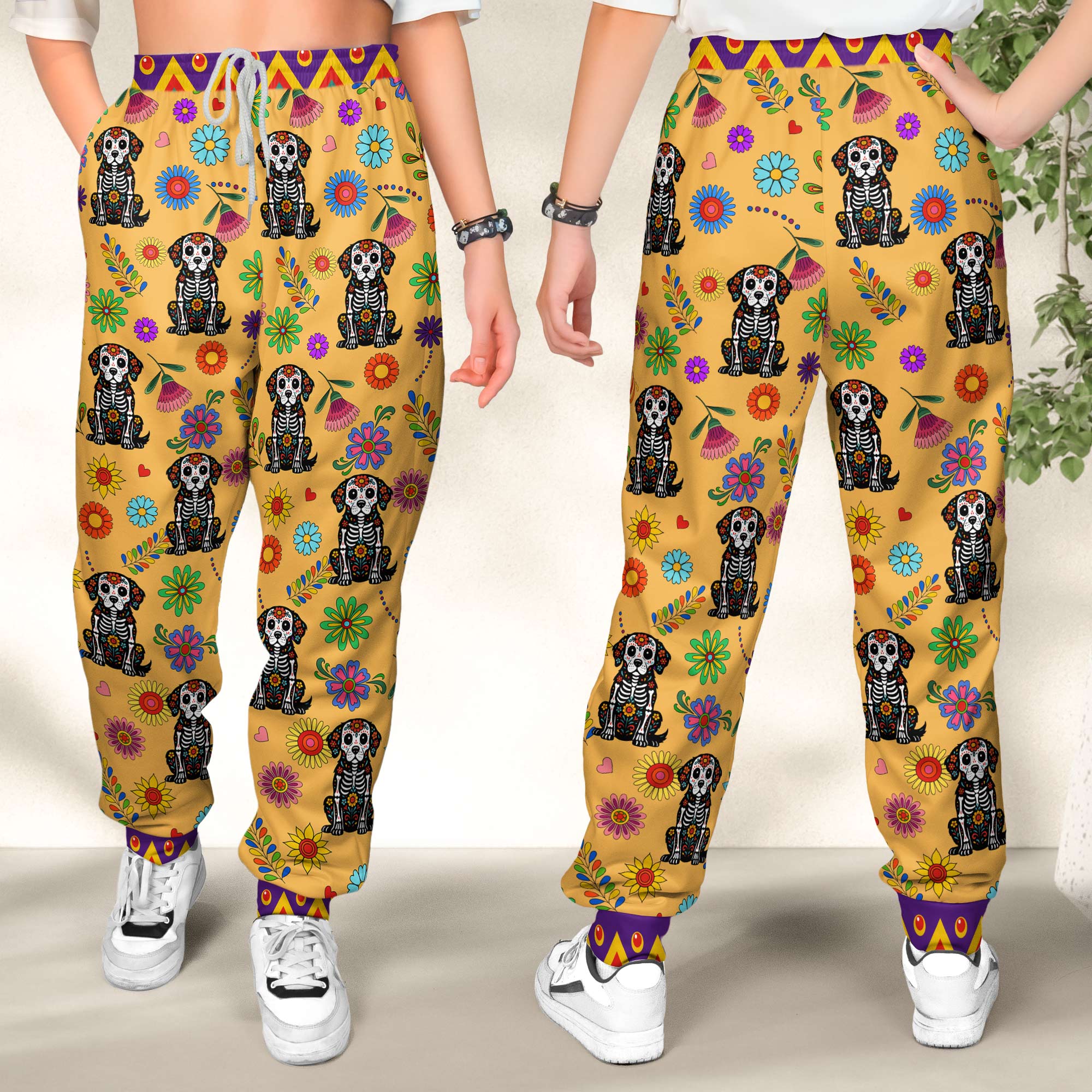 Hispanic Floral Pet Sugar Skull Halloween Day Of The Dead Personalized Sweatpants_2