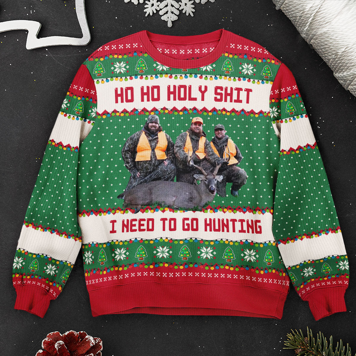 Ho Ho Holy Sh I Need To Go Hunting_ Fishing_ Camping Personalized Photo Ugly Sweater3